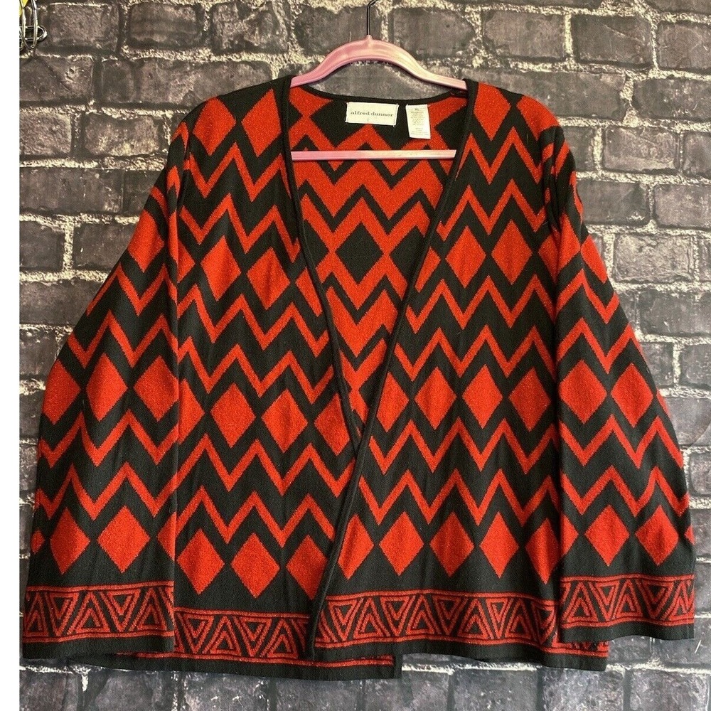 Alfred‎ Dunner Cardigan Sweater Womens XL Red Black Chevron Geometric Open Front